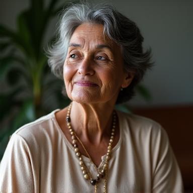Mrs. Devi, looking relieved and peaceful.