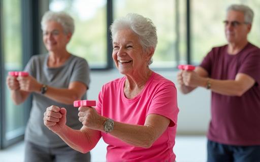 A group of seniors participating in a light exercise class.
