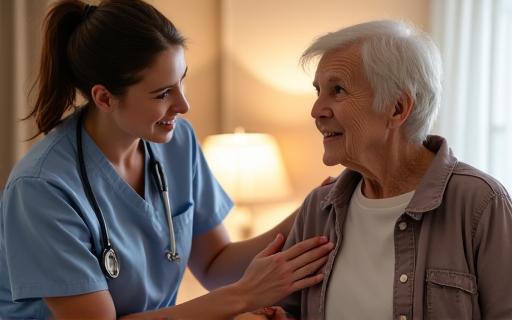 A compassionate caregiver assisting a senior at home.
