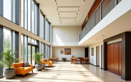 A bright and modern senior living facility common area.